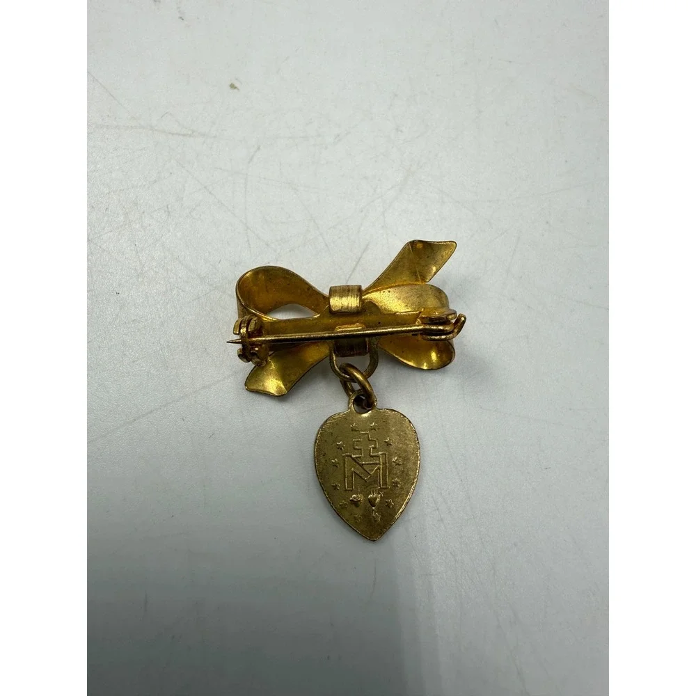 Vtg Gold Tone Bow Brooch Blue Enamel Miraculous Medal Heart Charm Pin Religious